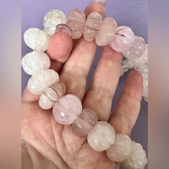 *SOLD LOCALLY* Natural Rose Quartz Carved Bead Necklace - Picture 3 of 3